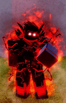 a cartoon character is standing in a field surrounded by flames and holding a cube .