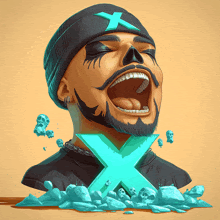 a drawing of a man with a skull painted on his face and a blue x on his neck