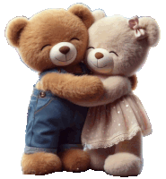 two teddy bears hugging each other with one wearing overalls