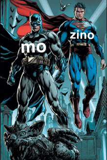 batman and superman standing next to each other with the word zino in the corner