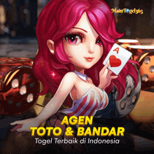 an advertisement for agen toto & bandar shows a woman holding a card