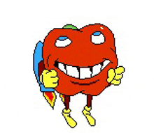 a pixel art drawing of a red apple with arms and legs .