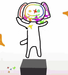 a drawing of a cartoon character standing on a podium with a rainbow face and stars .