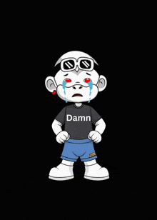 a cartoon character is crying and wearing a shirt that says " damn "