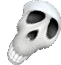 a white skull with black holes in the eyes and teeth .