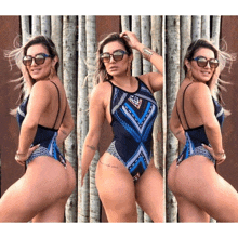 a woman wearing sunglasses and a swimsuit has a tattoo on her butt that says " a vida amor "