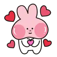 a pink bunny is surrounded by red hearts and has a pink heart in its mouth