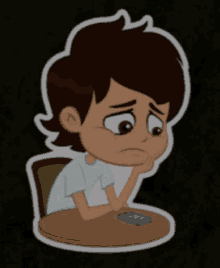 a cartoon of a boy sitting at a table looking at a cell phone