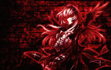 a girl with red hair and wings is standing in front of a red wall