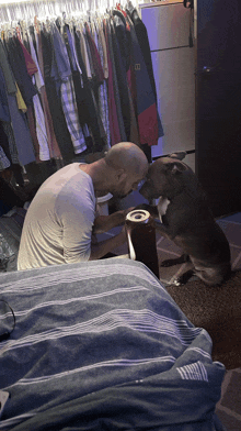 a man and a dog are playing with a roll of paper towels in a bedroom