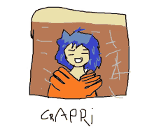 a drawing of a girl with blue hair and the word crapri underneath