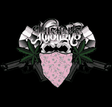 a skull wearing a pink bandana with a marijuana leaf and the word hustle on it