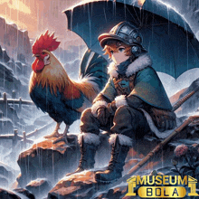 a painting of a boy sitting next to a rooster with a museum bola logo in the background