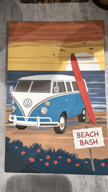 a vw bus with a surfboard and a sign that says beach bash on it