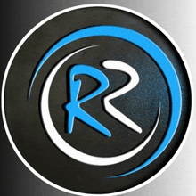 the letter r is in a blue and white circle