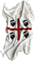 a white flag with a red cross and black heads on it .