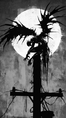 a black and white drawing of a demon with wings standing on a pole