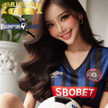 a woman in a soccer jersey that says sbobet