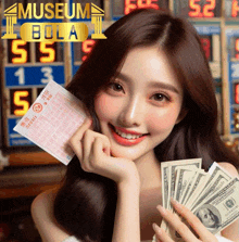 a woman holding a lottery ticket and a bunch of money