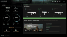 a screenshot of a video game dashboard showing weapons and maps