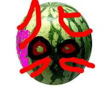 a watermelon with a face drawn on it and red lines around it