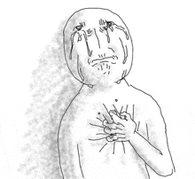 a black and white drawing of a man with tears running down his face holding his chest .