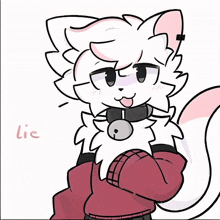 a cartoon drawing of a white furry animal wearing a red sweater and a collar .