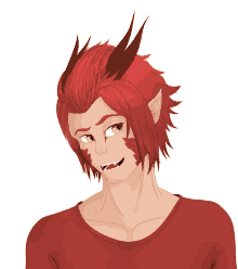 a drawing of a dragon with red hair and horns