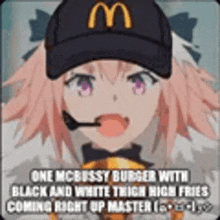 a girl with pink hair is wearing a mcdonald 's hat and holding a burger .