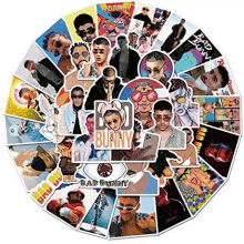 a bunch of bad bunny stickers are stacked on top of each other in a circle .