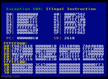 a computer screen that says exception $ 04 illegal instruction at the top
