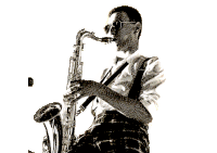 a man in suspenders is playing a saxophone with the letter d in the background