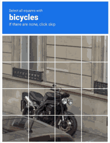 a picture of a motorcycle with the words select all squares with bicycles if there are none click skip below it