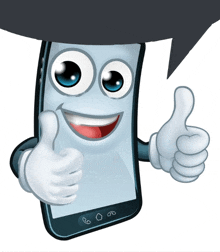 a cartoon cell phone giving a thumbs up with a speech bubble behind it