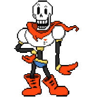 papyrus from undertale is a pixel art character with a scarf and boots .