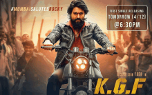 a poster for k.g.f shows a man on a motorcycle