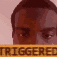 a close up of a man 's face behind a yellow sign that says triggered .