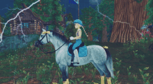 a girl riding a horse in a video game with lightning in the background