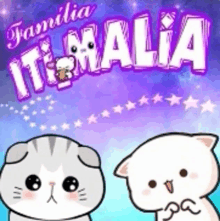 a couple of cats standing next to each other with the words familia it malia on the top