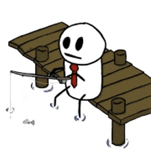 a stick figure in a red tie is fishing on a dock .