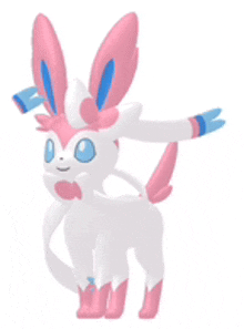 a pink and white pokemon with blue eyes and pink ears is standing on a white background .