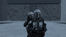 a couple of soldiers are standing next to each other and one of them has a cross on his helmet