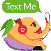 a cartoon illustration of a mango with headphones and a speech bubble saying text me