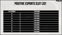 a list of positive esports teams with a slot number , team name , and team name .