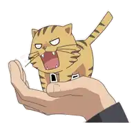 a cartoon cat is being held by a hand with its mouth open