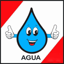 a cartoon water drop with a face and arms is giving a thumbs up .