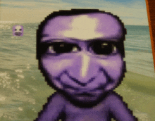 a pixel art of a man with a purple face standing in the ocean