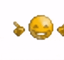a yellow smiley face with two hands pointing at it .