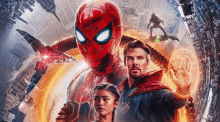 a poster for spider-man no way home with spider-man , doctor strange , and a girl .