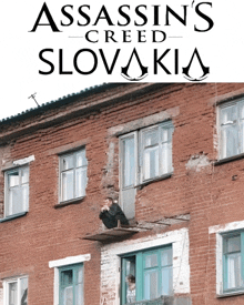 a poster for assassin 's creed slovakia shows a man squatting on the balcony